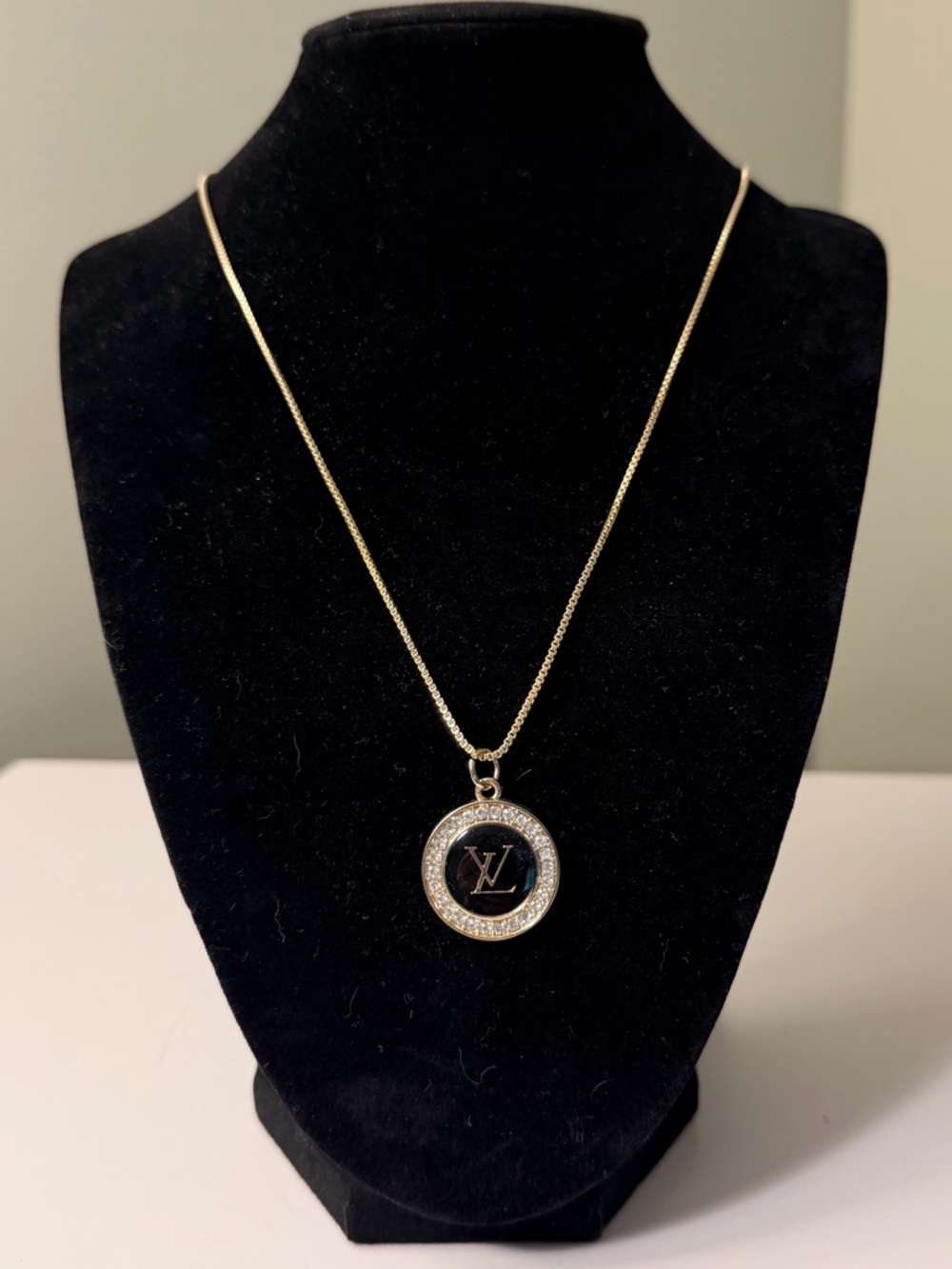 LV Upcycled Charm Gold and Black Crystal-Trim Round Logo Pendant Necklace